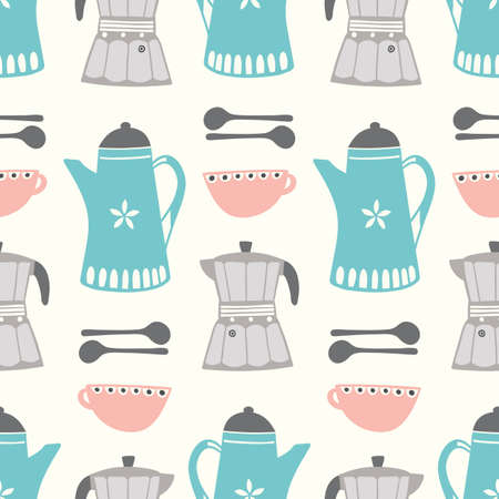 Coffee pattern design. Vector seamless repeat of espresso, pots, cups and spoons, retro style beverage illustration.のイラスト素材