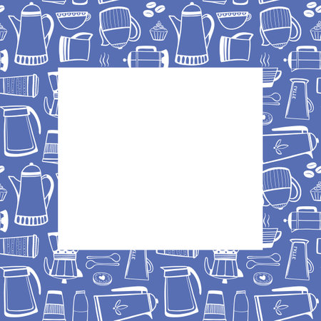 Coffee border frame template design.Vector illustration resource of hand drawn outlines of refreshments in blue and white.のイラスト素材