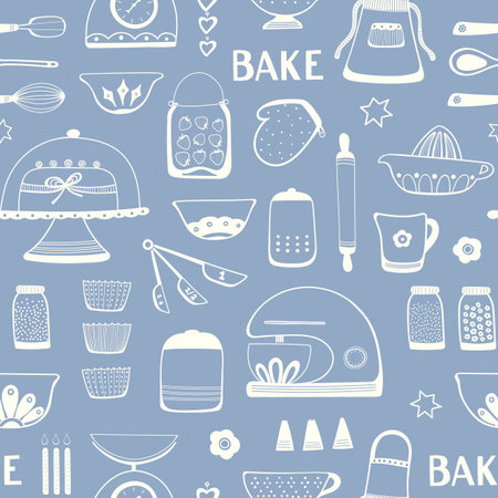 Baking pattern design. Vector seamless repeat of home cake cooking utensils and ingredients. Home baking resource.のイラスト素材