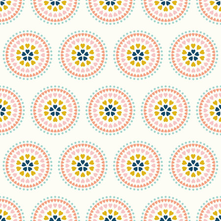 Geometric heart pattern. Cute and colourful vector seamless repeat of hearts and spots in a circular mandala.のイラスト素材