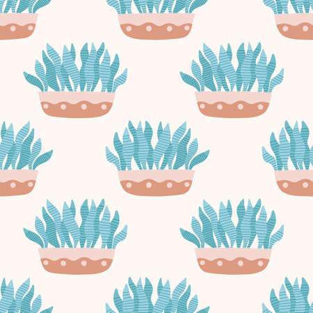 Plant pattern background. Vector seamless repeat design of hand drawn potted house plants, trendy...