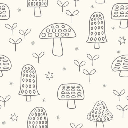 Mushroom vector pattern background, seamless repeat of hand drawn mushrooms and leaves.のイラスト素材