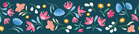 Flower pattern background border. Decorative folk floral vector seamless repeat banner design.