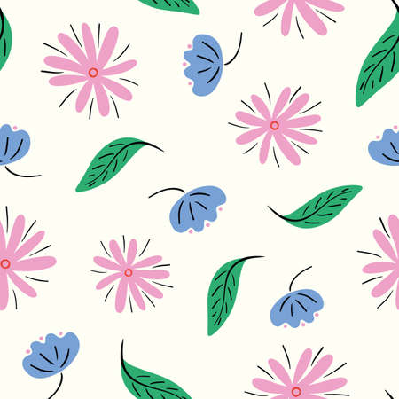 Flower pattern background vector border, trendy seamless repeat design banner of hand drawn flowers and leaves.のイラスト素材