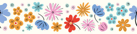 Flower pattern background vector border, trendy seamless repeat design banner of hand drawn flowers.のイラスト素材