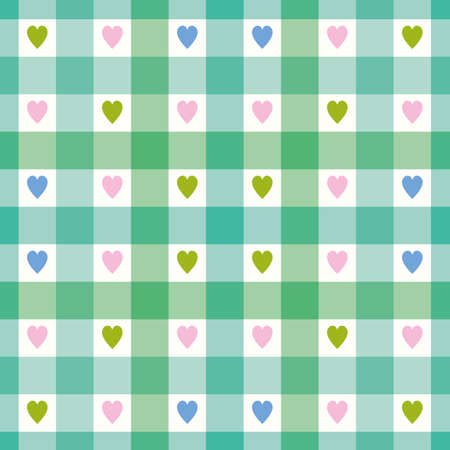 Check pattern background with hearts. Vector seamless repeat gingham plaid in green.のイラスト素材