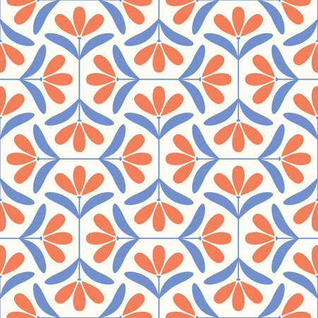 Floral vector pattern in blue and orange, pretty tile effect seamless repeat design background.のイラスト素材