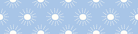 Sunshine background vector banner. Fun and bright nature sun seamless repeat pattern design border in blue and white.のイラスト素材