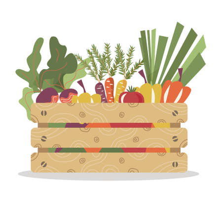 Fresh and healthy vegetables in wooden boxのイラスト素材