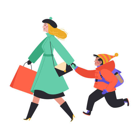 Side View of a Mother with son Walking Forward.のイラスト素材