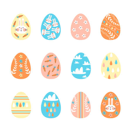 Set of decorated Easter eggs isolated on white background. Paschal symbols covered with various ornaments. Flat illustration for religious holidayのイラスト素材