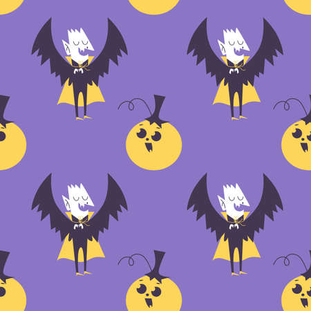 Vector seamless pattern with cute hand drawn halloween charactersのイラスト素材