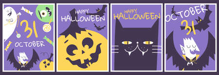 Set of Halloween greeting cards with handwritten text and traditional symbols and characters, ghost, monster, dracula, black cat, pumpkin.のイラスト素材