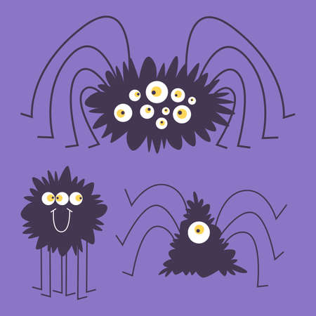 Collection of three cute spider characters. Vector illustration in hand draw style on purple background.のイラスト素材