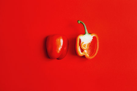top view of red bell pepper cut in half on red backgroundの写真素材