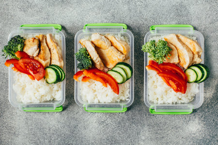 top view of lunch boxes with food rice meat vegetables and fruits centered on gray backgroundの写真素材