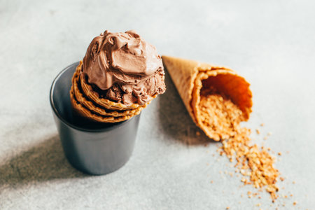 close-up of chocolate ice cream in waffle cup on gray background