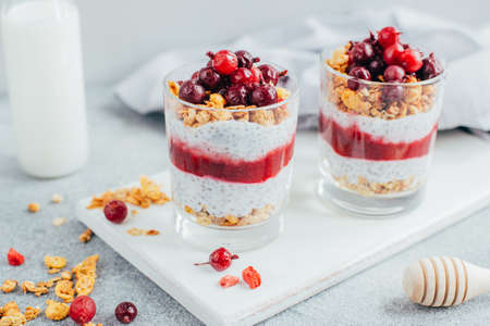 close-up of chia pudding with yogurt granola currant on the background of a bottle of milk on a gray backgroundの写真素材