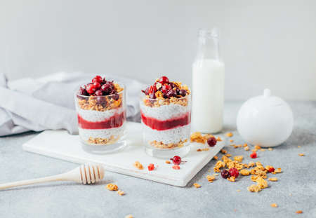 close-up of chia pudding with yogurt granola currant on the background of a bottle of milk on a gray backgroundの写真素材