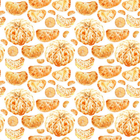 Seamless pattern of peeled tangerine and slices isolated on green background.の写真素材