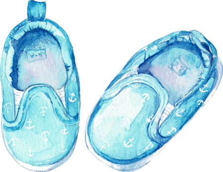 Blue anchor shoes for baby boy. Watercolor art.の写真素材
