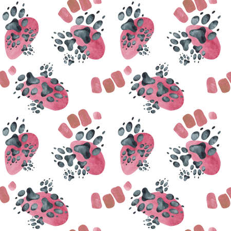 Seamless pattern of dog footprints on pink spots. Watercolor illustration.の写真素材