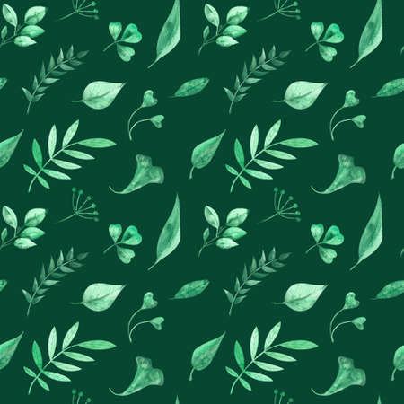 Watercolor seamless pattern with green herbs and leaves on green background.の写真素材