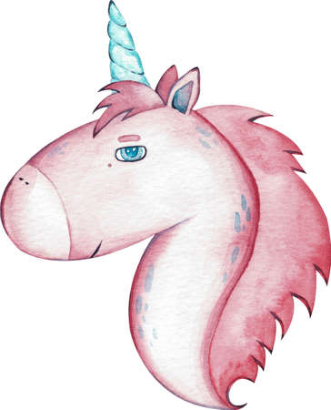 Cute watercolor unicorn clipart on white background. Beautiful pink unicorn illustration. Magic trendy pink cartoon horse perfect for nursery print and poster design.の写真素材