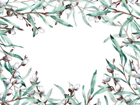 Watercolor frame of pussy willow branches with copy space. Illustration.の写真素材