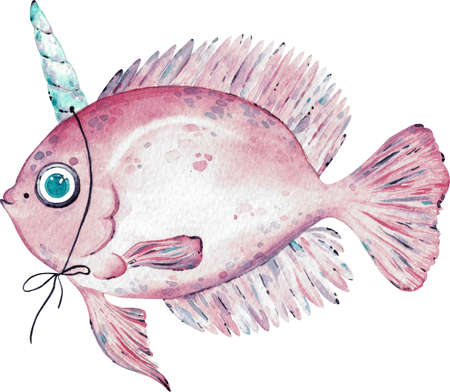 Watercolor illustration of pink fish with a horn on the head and a dream to be a unicorn isolated on white background.の写真素材