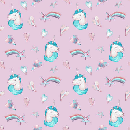 Watercolor seamless pattern with pink and blue unicorn, hearts and stars on pink background. Hand-drawn illustration.の写真素材
