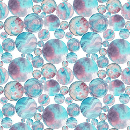 Watercolor abstract design background. Seamless pattern of blue and purple circles. Hand-drawn illustration of water bubbles.の写真素材