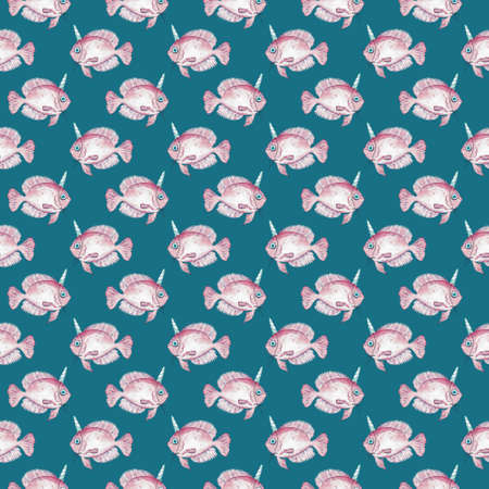 Watercolor pink seamless pattern with unicorn fish. Hand-drawn illustration on blue background.