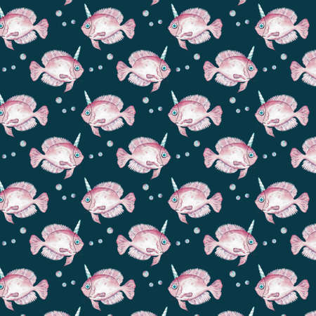 Watercolor pink seamless pattern with unicorn fish. Hand-drawn illustration on blue background.の写真素材