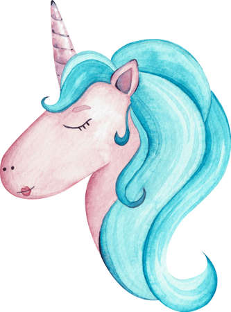 Watercolor illustration of beautiful girl unicorn head with blue hair. Magic trendy horse is perfect for nursery print and poster design.の写真素材