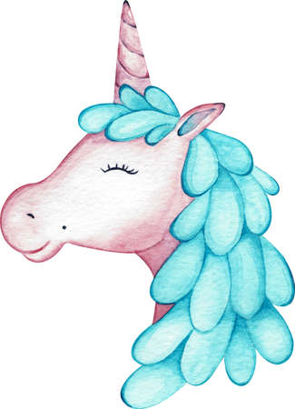 Watercolor illustration of beautiful girl unicorn head with blue hair. Magic trendy horse is perfect for nursery print and poster design.の写真素材