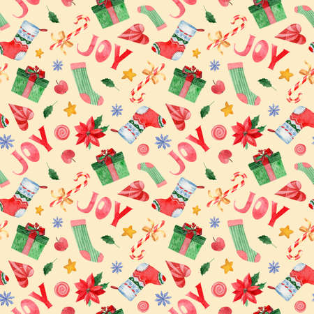 Watercolor seamless pattern with icons of Happy New Year and Christmas Day.の写真素材