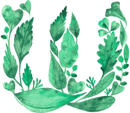 Watercolor illustration of letter W made of green leaves isolated on white background. Alphabet.の写真素材