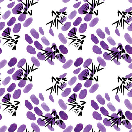 Seamless abstract pattern of purple spots and black check marks. Watercolor illustration.の写真素材