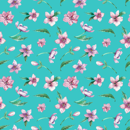 Seamless watercolor floral pattern on a blue background. Beautiful summer background for your design...