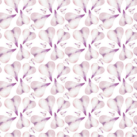 Watercolor seamless pattern of heart-shaped purple flower petals.
