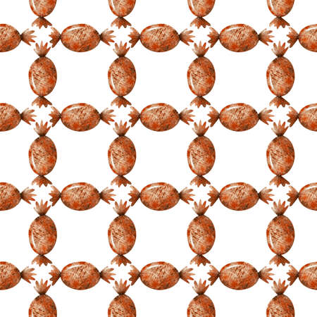 Watercolor seamless pattern with orange Halloween candies on a white background. Cartoon style of illustration. Autumn plaid background.の写真素材