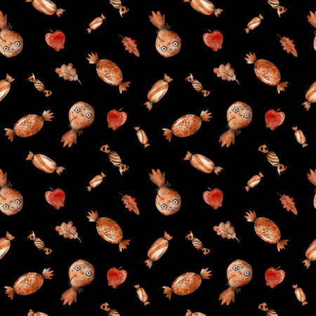 Watercolor seamless pattern with orange Halloween candies and red apples on a black background. Cartoon style of illustration. Autumn background.の写真素材