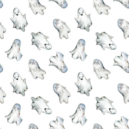 Watercolor illustration of Halloween cartoon ghost pattern. Happy Halloween greeting card and trick or treat party seamless design of white ghost or poltergeist monster.の写真素材