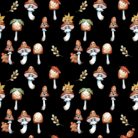 Pretty seamless pattern with watercolor mushrooms and leaves on black background. Botanical autumn illustration. Happy forest background.の写真素材