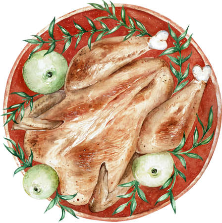 Watercolor illustration of a baked turkey for Thanksgiving Day. Thanksgiving Turkey with apples and herbs on a tray.の写真素材