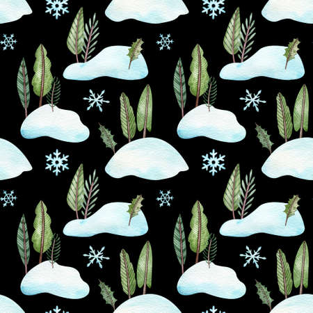 Seamless pattern with Christmas trees standing in snowbanks. Watercolor illustration.