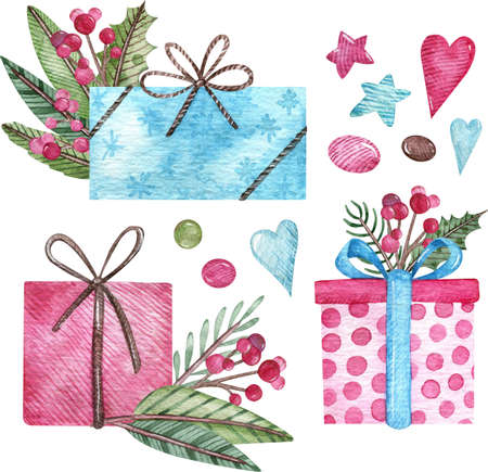 Watercolor Christmas gift boxes with bows of ribbon and fir-tree branches, hand-drawn illustration. Winter holidays concept. Pink and blue presents.の写真素材