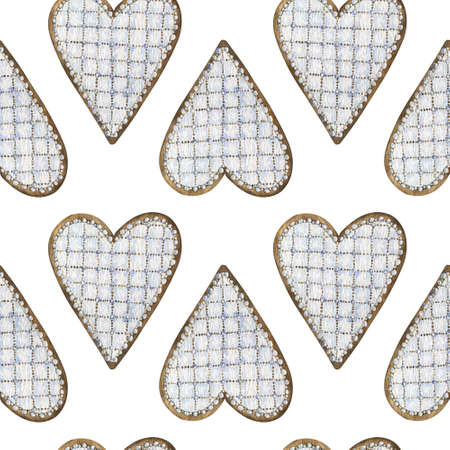 Seamless pattern of watercolor heart shape gingerbread cookies. Valentines heart pattern.