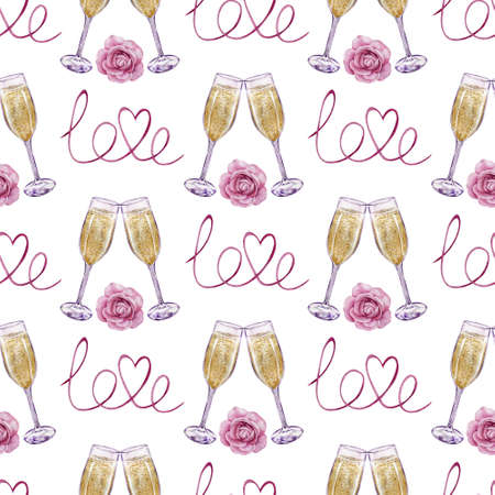Watercolor seamless pattern of champagne glasses with a rose and love word. Hand-drawn illustration.の写真素材